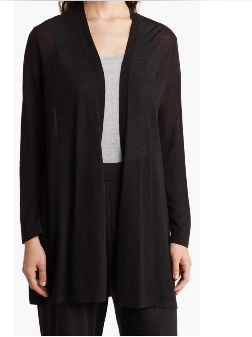 EILEEN FISHER Longline Open Front Italian Yarn Crinkle Black Cardigan, Size XL